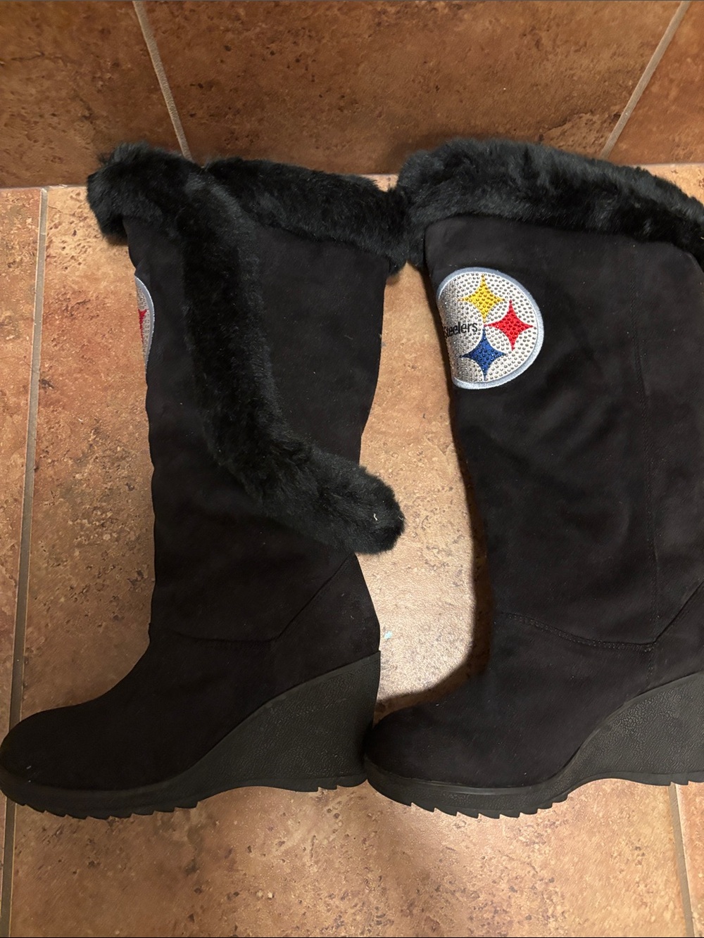 NFL Black Faux-Fur Wedge Winter Boots with Rhinestone Steelers Patch NWT